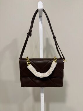 Quilted Brown Leather Shoulder Bag with Gold Chain Accent